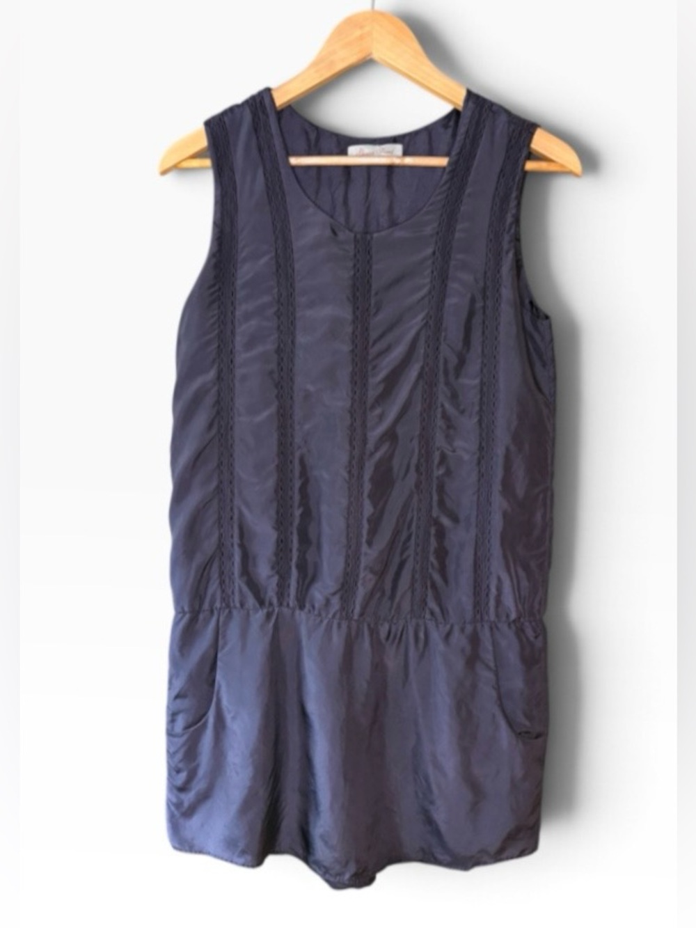 Geren Ford Navy 100% Silk Sleeveless Scoop Neck Shift Dress Size XS